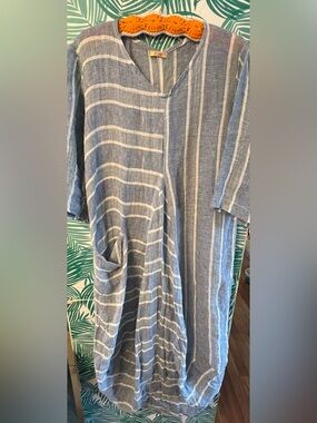 Luiselle Linen maxi long sleeve kaftan blue & white stripe dress made in Italy